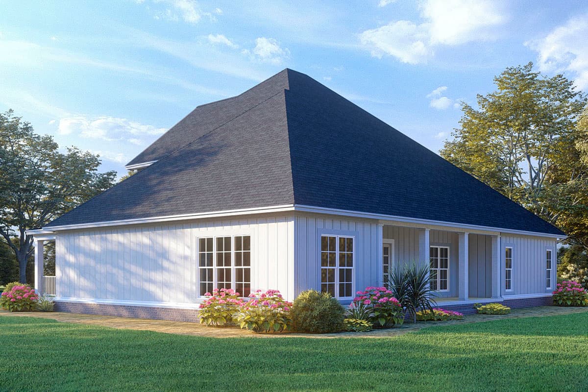 House plan exterior, one story, white board-and-batten siding, prominent hip roof, multiple large windows, and covered porch.