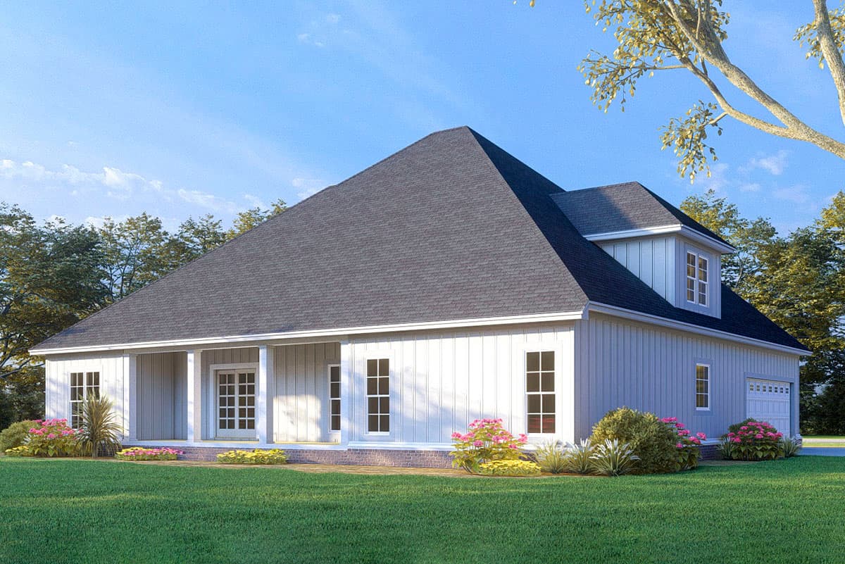House plan exterior of a one-story Modern Farmhouse with a covered front porch, gables, and attached garage.