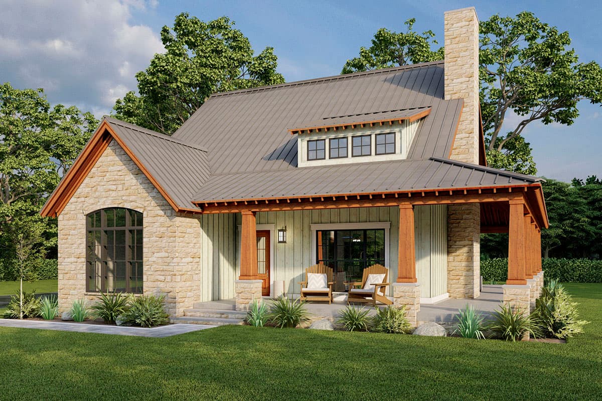 House plan exterior: Stone and vertical siding, metal roof, gable dormer with four windows, covered porch with stone and wood columns.