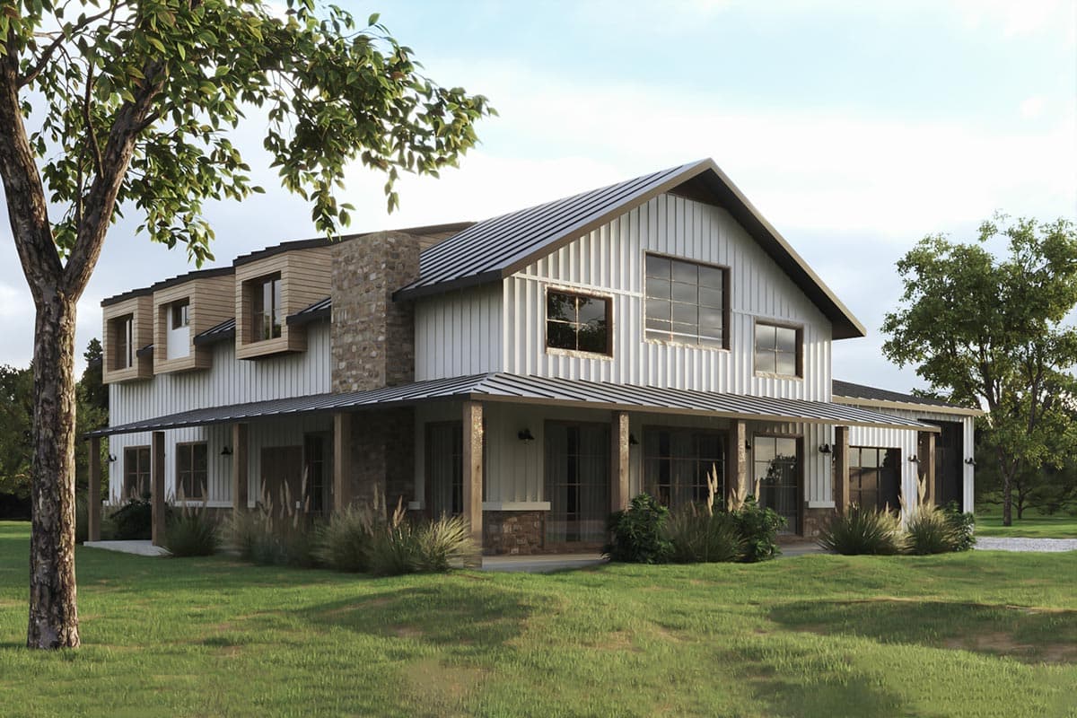 House plan exterior: Modern farmhouse style, two stories, wrap-around porch, stone chimney, and dormer windows.