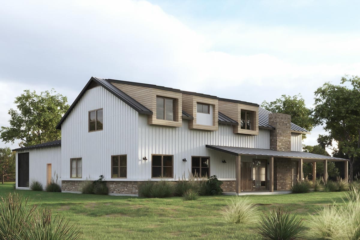House plan exterior: two-story Modern Farmhouse with vertical siding, stone base, gabled roof, and dormer windows.