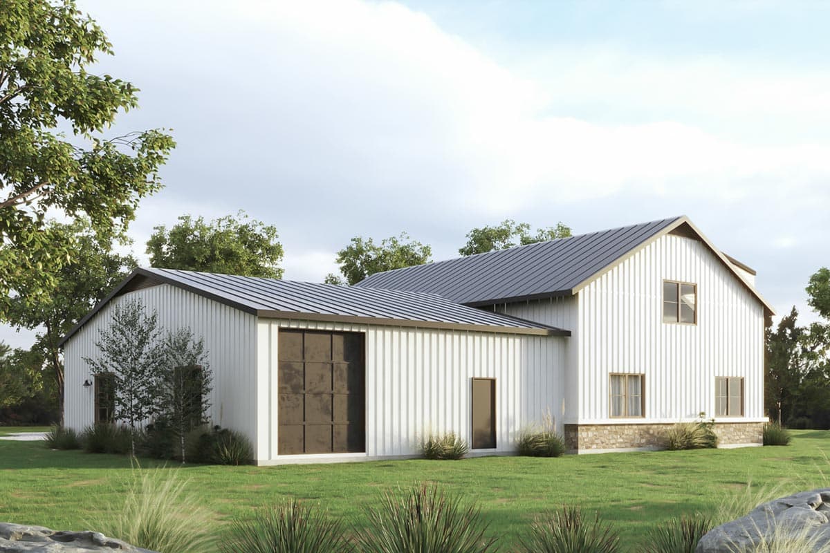 Modern farmhouse house plan exterior with white board-and-batten siding, metal roof, and large garage door.