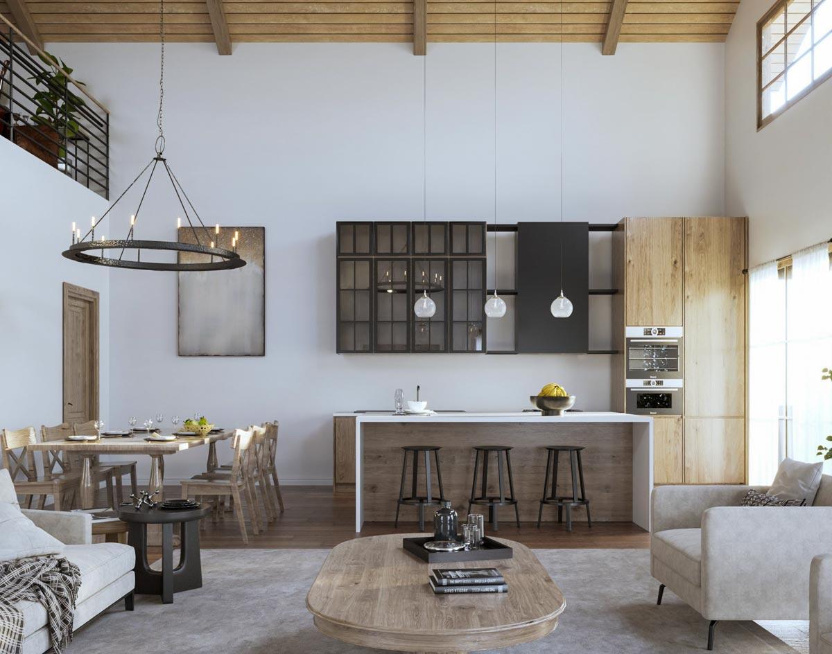Open concept living area with vaulted wood beam ceiling, kitchen island with bar stools, dining table, and seating area.