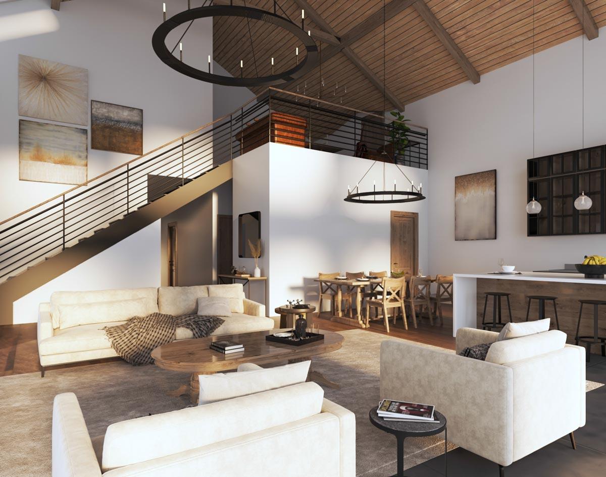 Open-concept living area with a floating staircase, vaulted wood ceiling, dining area, and kitchen island.