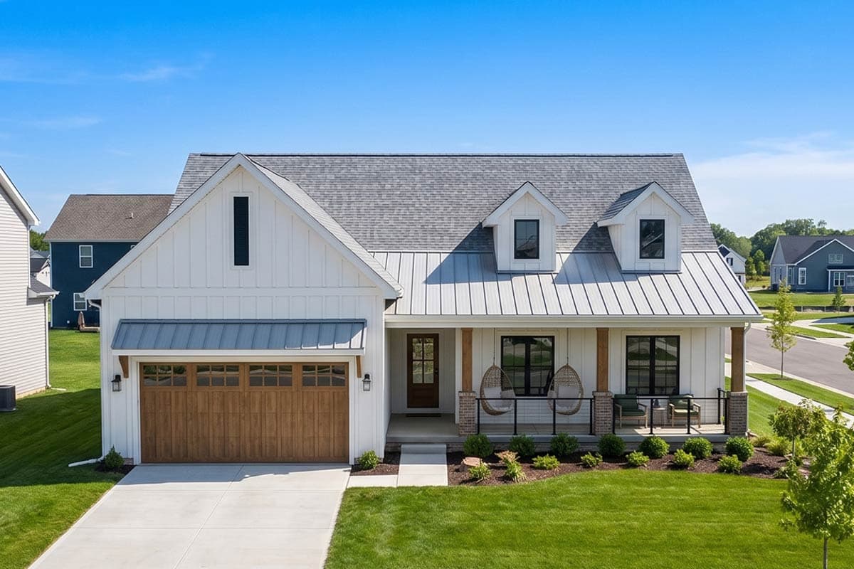 Modern Farmhouse house plan exterior with white board and batten siding, metal roof, gable dormers, and a wood garage door.