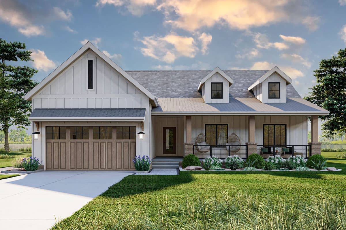 House plan exterior. Modern Farmhouse style, one-story. Features include a front porch with columns, two dormers, and an attached garage.