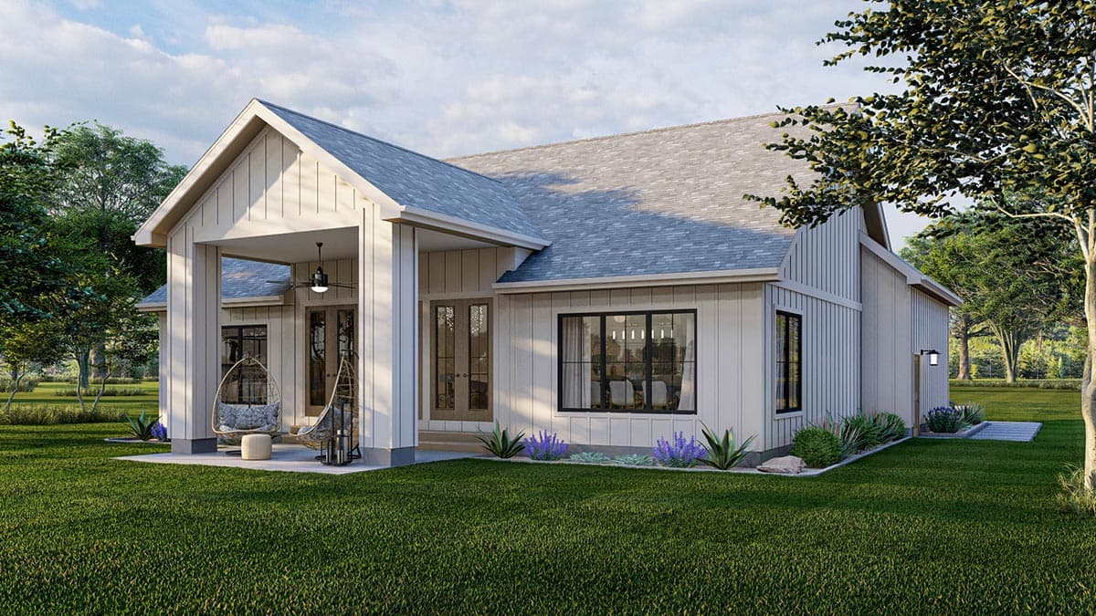 Modern Farmhouse house plan exterior, one story, with board and batten siding, gables, and covered porch.