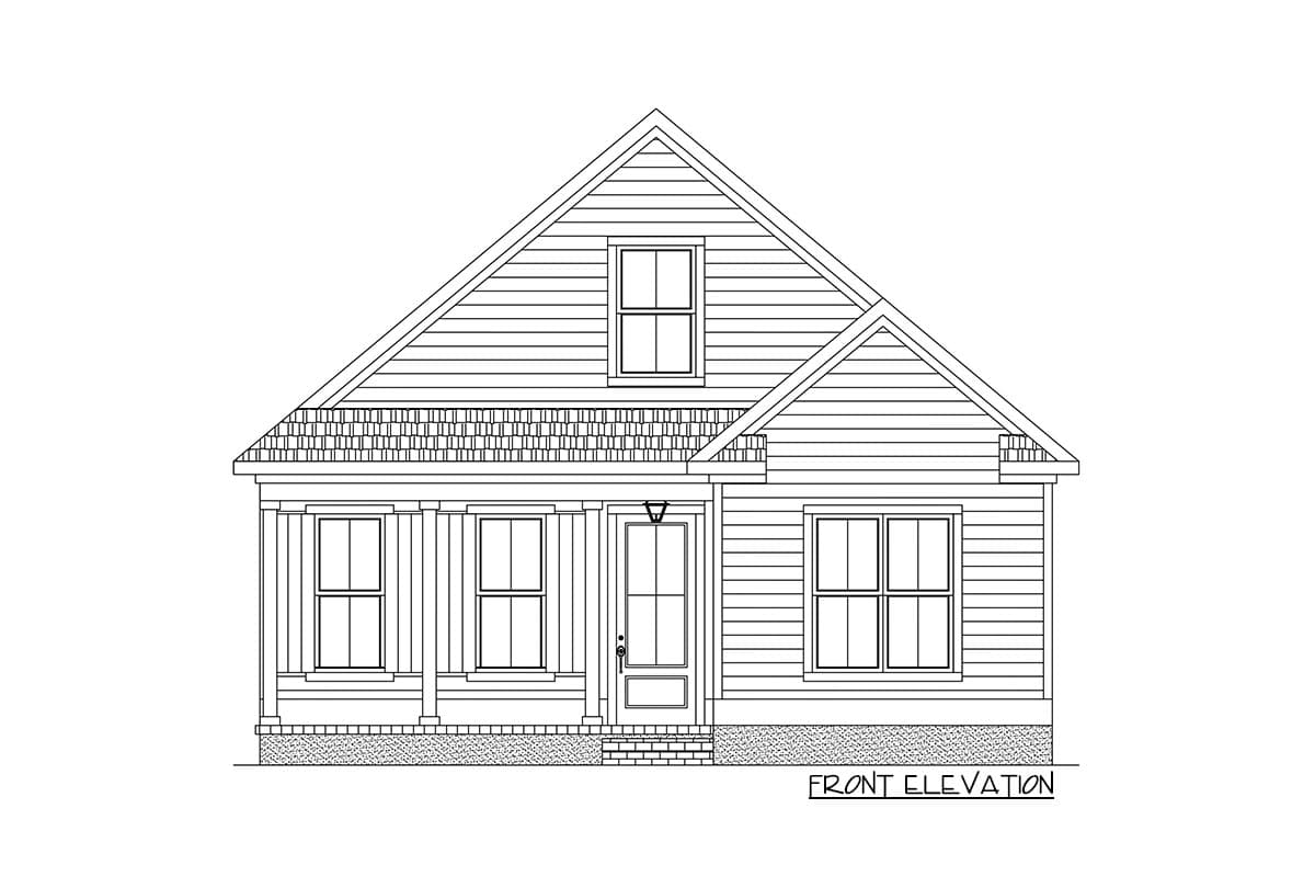 Front elevation drawing of a single-story house with a prominent gable, centered dormer, and covered front porch.