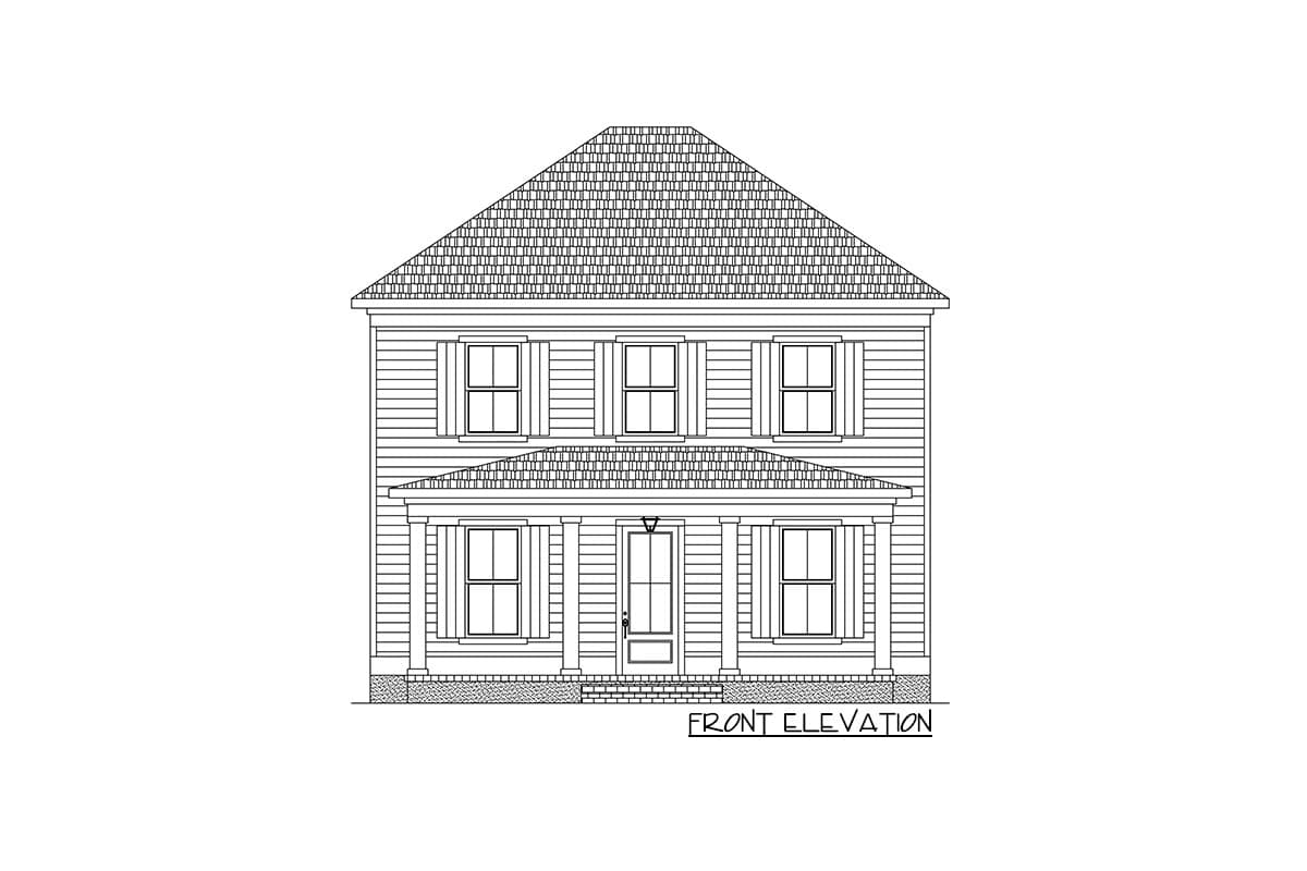 Front elevation drawing of a two-story house with a covered front porch, six windows, and a prominent gabled roof.