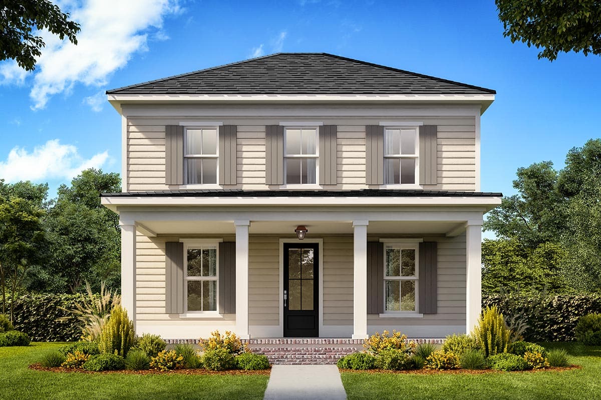 House plan exterior. Two-story home with a front porch supported by columns. Features include shutters, a gabled roof, and a symmetrical facade.