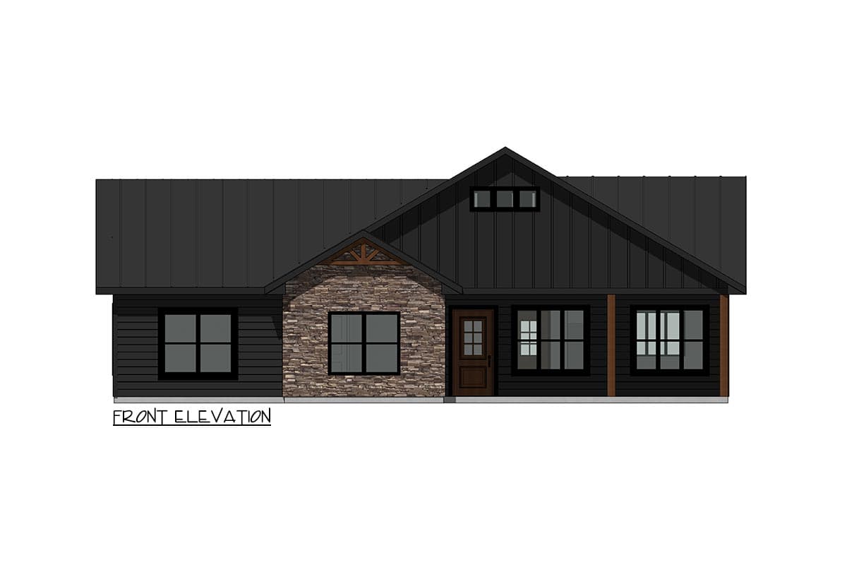 Front elevation drawing of a one-story house with a metal roof, stone accents, and a covered porch.