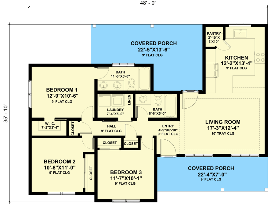 Plan 420042WNT: 1162 Square Foot Rustic 3 Bedroom New American Ranch  - Floor Plan - Main Level - Cottage, Craftsman, Mountain, New American, Ranch, Rustic