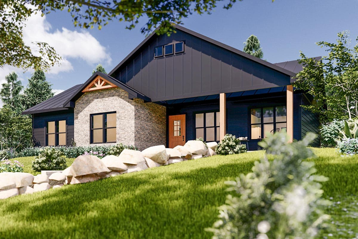 House plan exterior: Modern Farmhouse style, one-story, dark metal siding, stone facade, prominent gable with exposed rafter tails, covered entry.