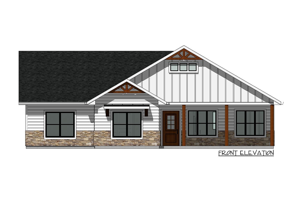 Front elevation of a one-story house plan with stone skirting, board and batten siding, gables, and timber accents.