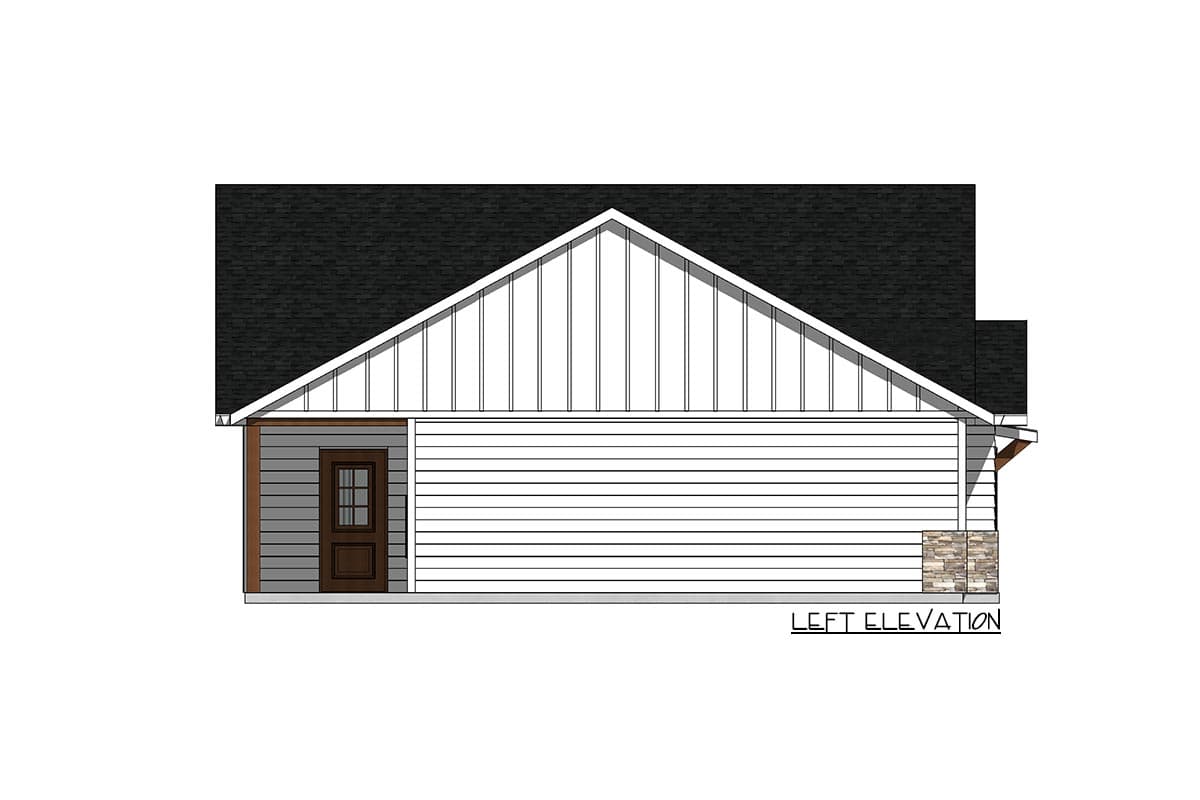 Left elevation of house plan showing board and batten siding, gable roof, and stone accent.