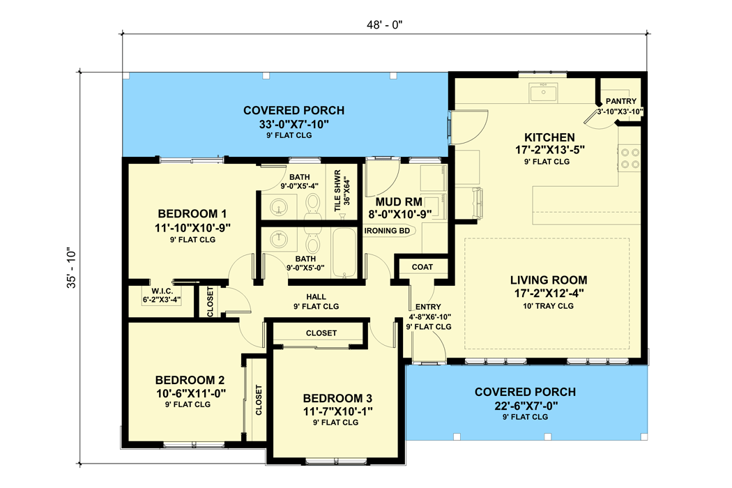 Plan 420043WNT: 1264 Square Foot 3 Bed New American Home Plan - Floor Plan - Main Level - Cottage, Country, Craftsman, New American, Ranch