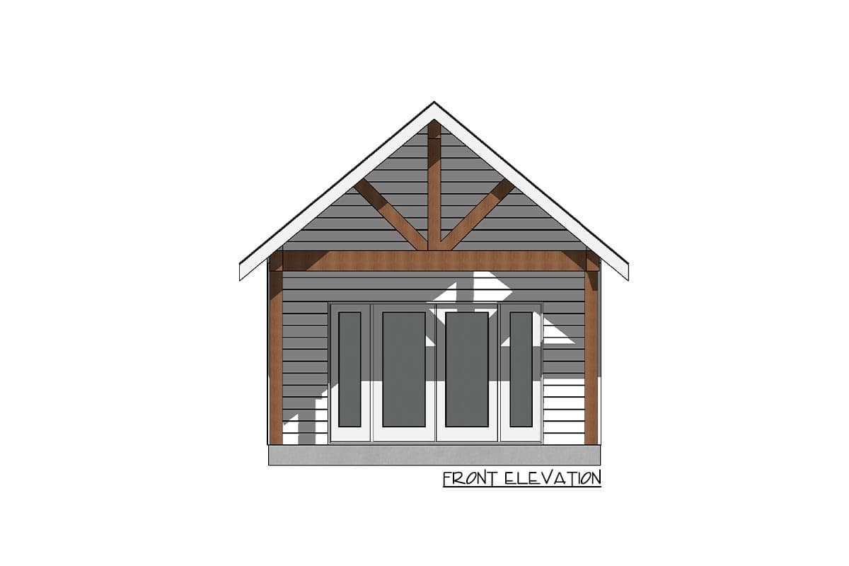 Front elevation of a house plan featuring a gable roof, exposed timber rafters, horizontal siding, and four glass doors.