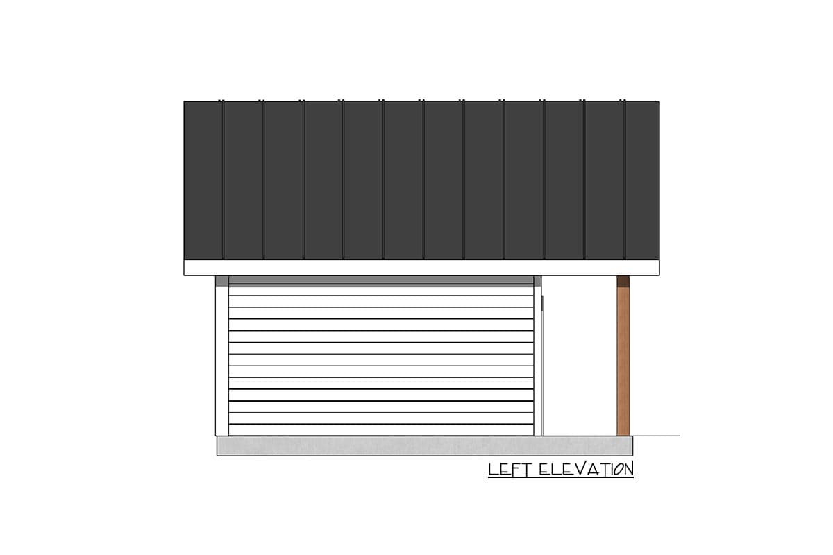 Left elevation drawing of a house plan featuring a standing seam metal roof, horizontal siding, and a single porch post.