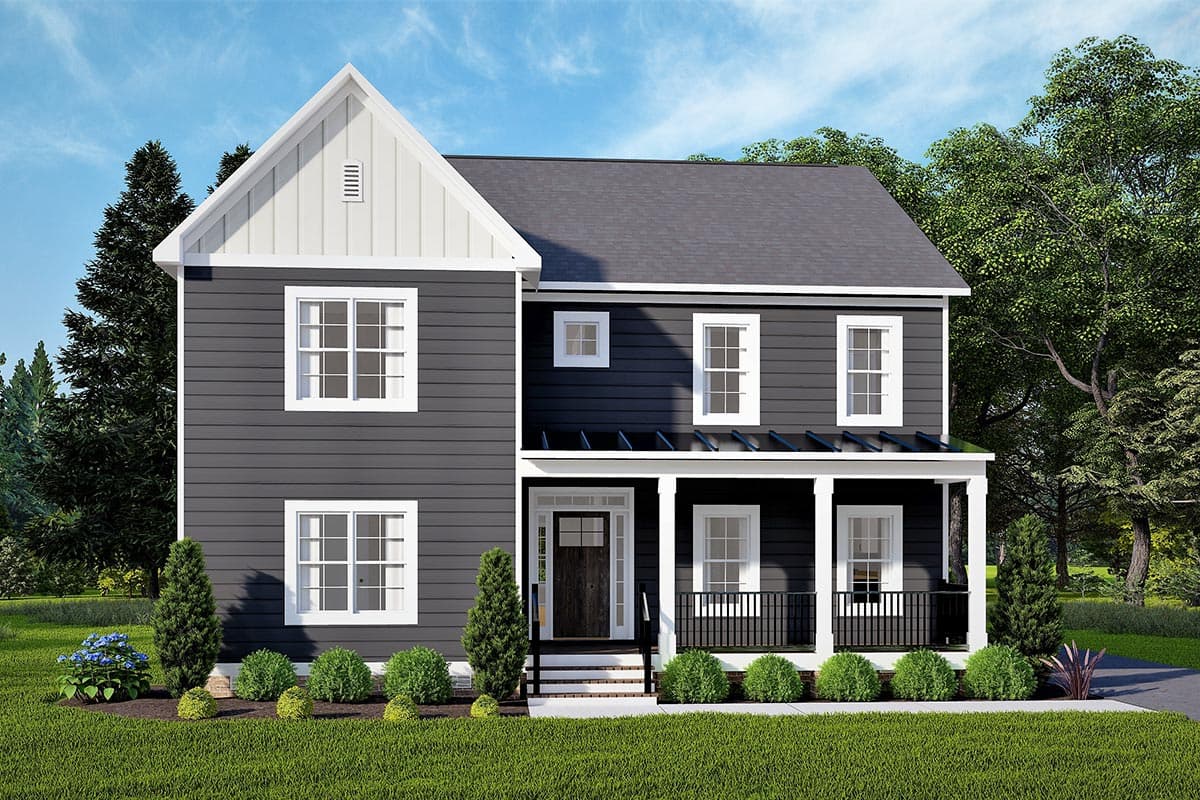 House plan exterior. Two-story Colonial style home with front porch, gabled roof, and symmetrical window placement.