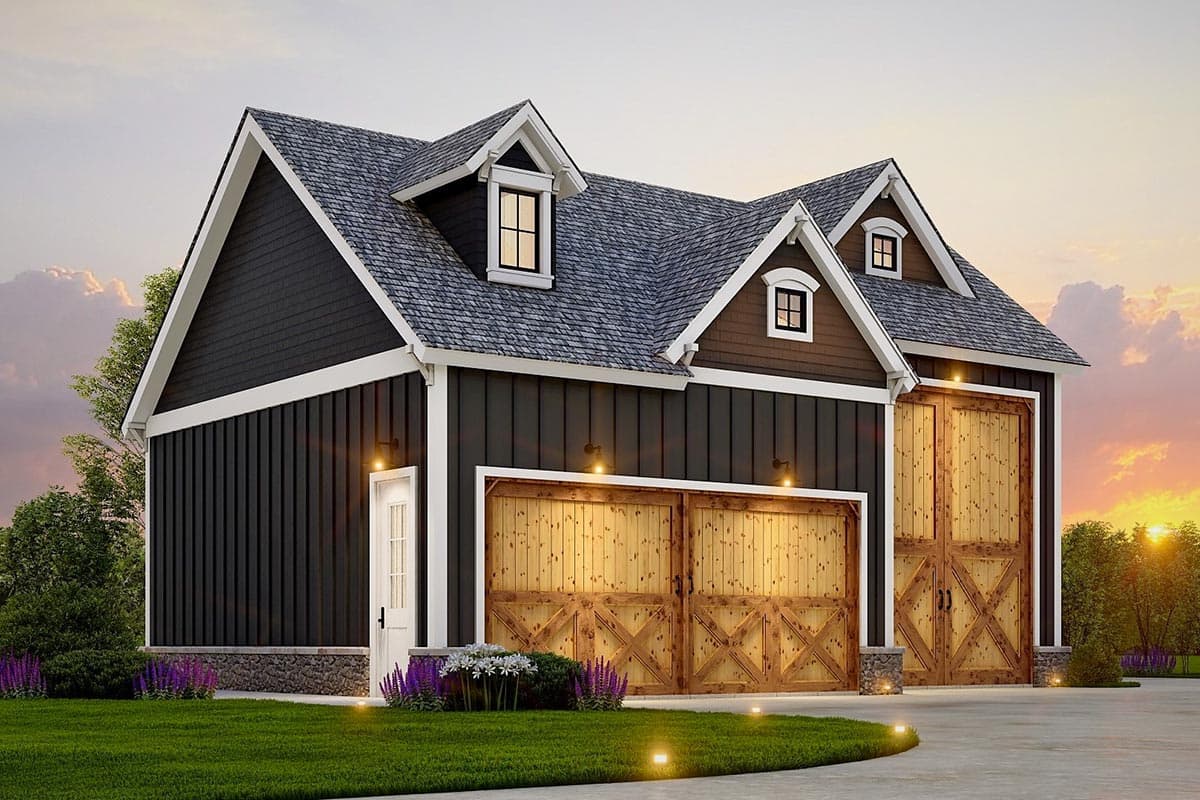 House plan exterior with two-car garage. Features include vertical siding, two dormers, and a gable roof. Door with sidelight on the left.