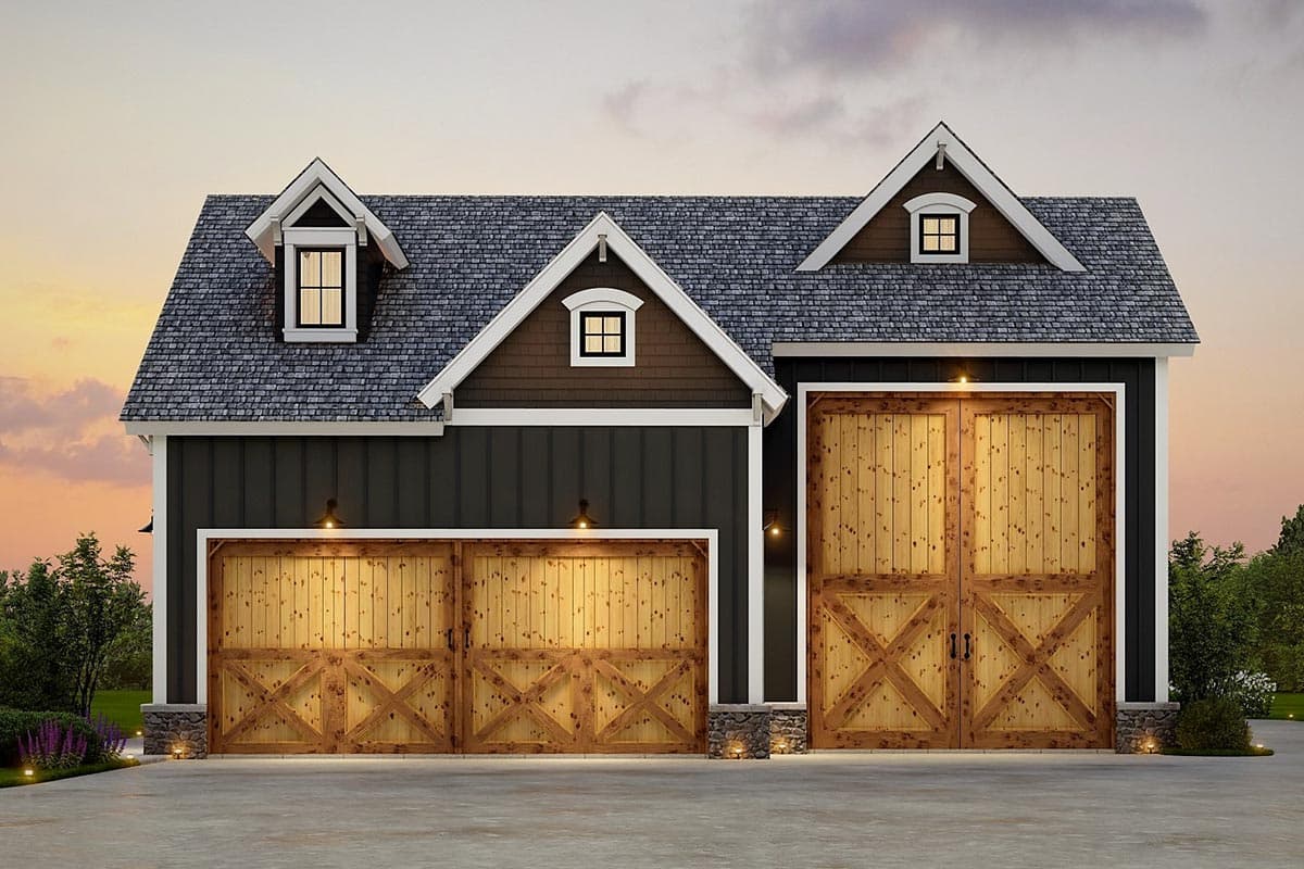 House plan exterior: Two-story structure with a dark vertical siding, stone accents, multiple gables, dormers, and two garage bays with wooden doors.