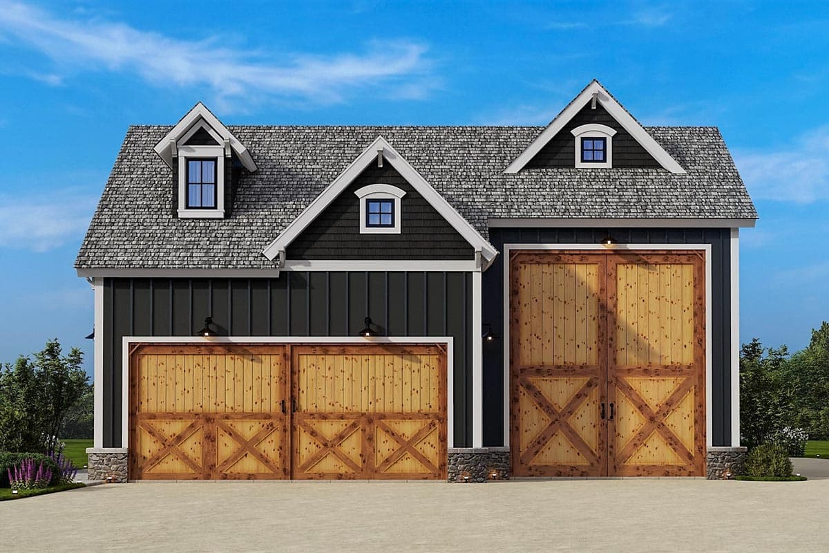 Modern Farmhouse house plan exterior with two garage doors, dormer windows, and stone foundation accents.