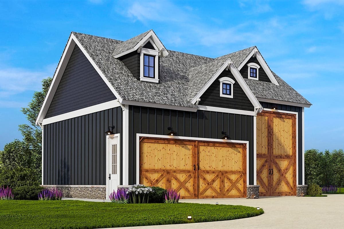 House plan exterior: Modern Farmhouse style, two stories, dark siding, gable dormers, and double wood garage doors.