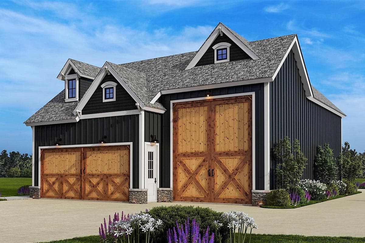 Modern Farmhouse house plan exterior with board and batten siding, two dormers, and large wooden barn doors.