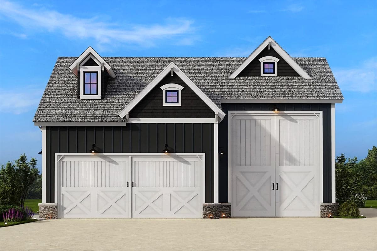 House plan exterior with two garages, gabled dormers, and dark vertical siding.