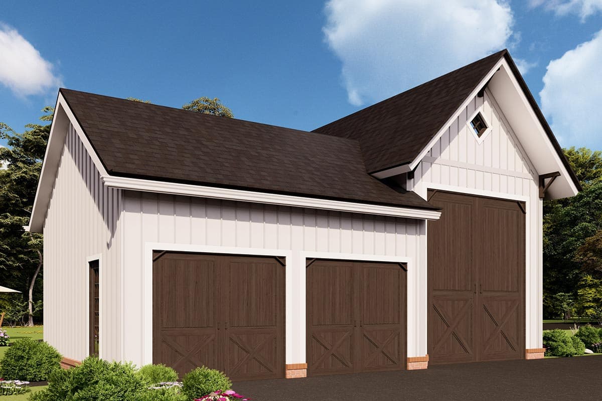 House plan exterior with two-car garage. Features include board-and-batten siding, gable roof, and decorative diamond window.