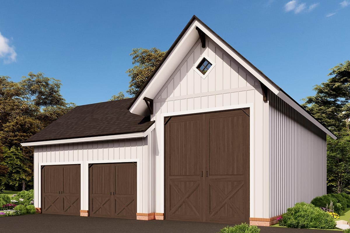 House plan exterior of a three-car garage with a large double door and two single doors, featuring board and batten siding and a diamond vent.
