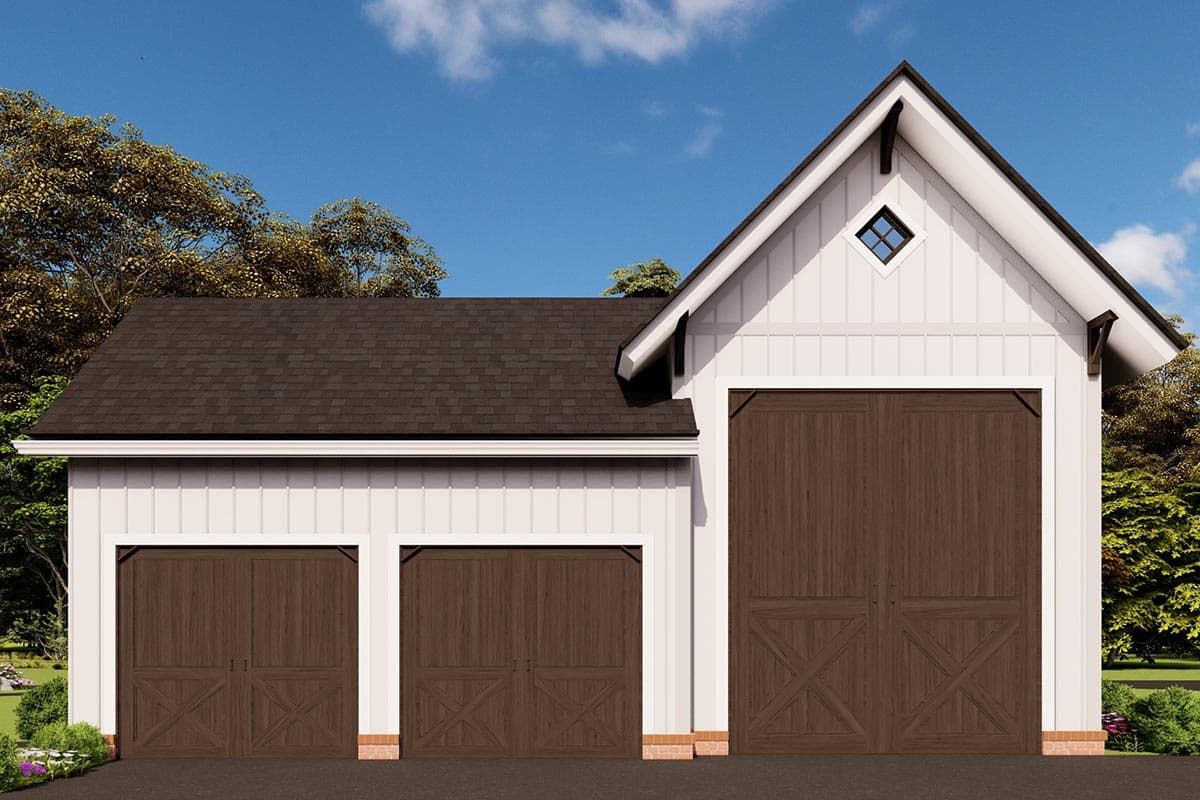 House plan exterior: Modern Farmhouse style with a two-car garage and one single-car garage. Features board-and-batten siding and a diamond vent.