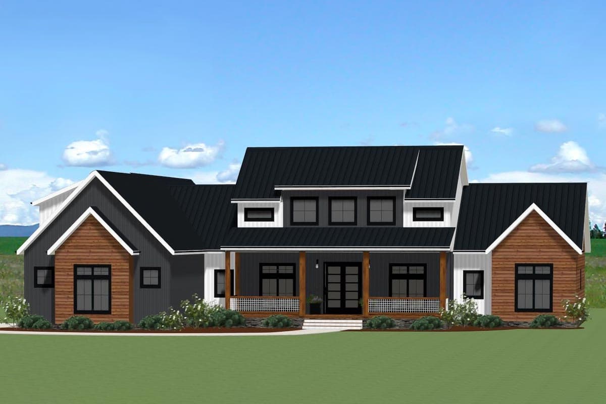 Modern Farmhouse house plan exterior with a front porch, multiple gables, and a dark metal roof. Two-story structure.