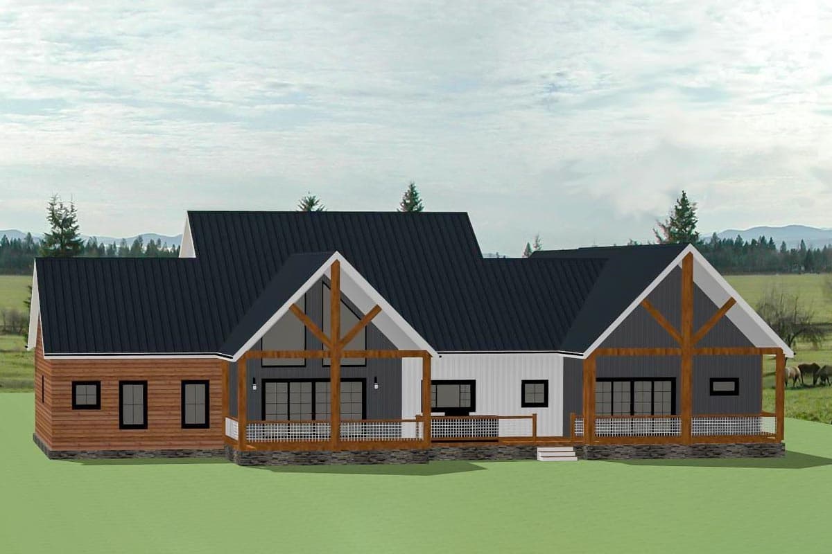 House plan exterior rendering: Modern Farmhouse style, single-story, with metal roof, extensive porch, and exposed timber framing.
