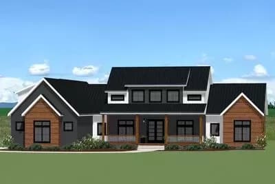 New American Farmhouse Plan with Split-bed Layout and Bonus Level
