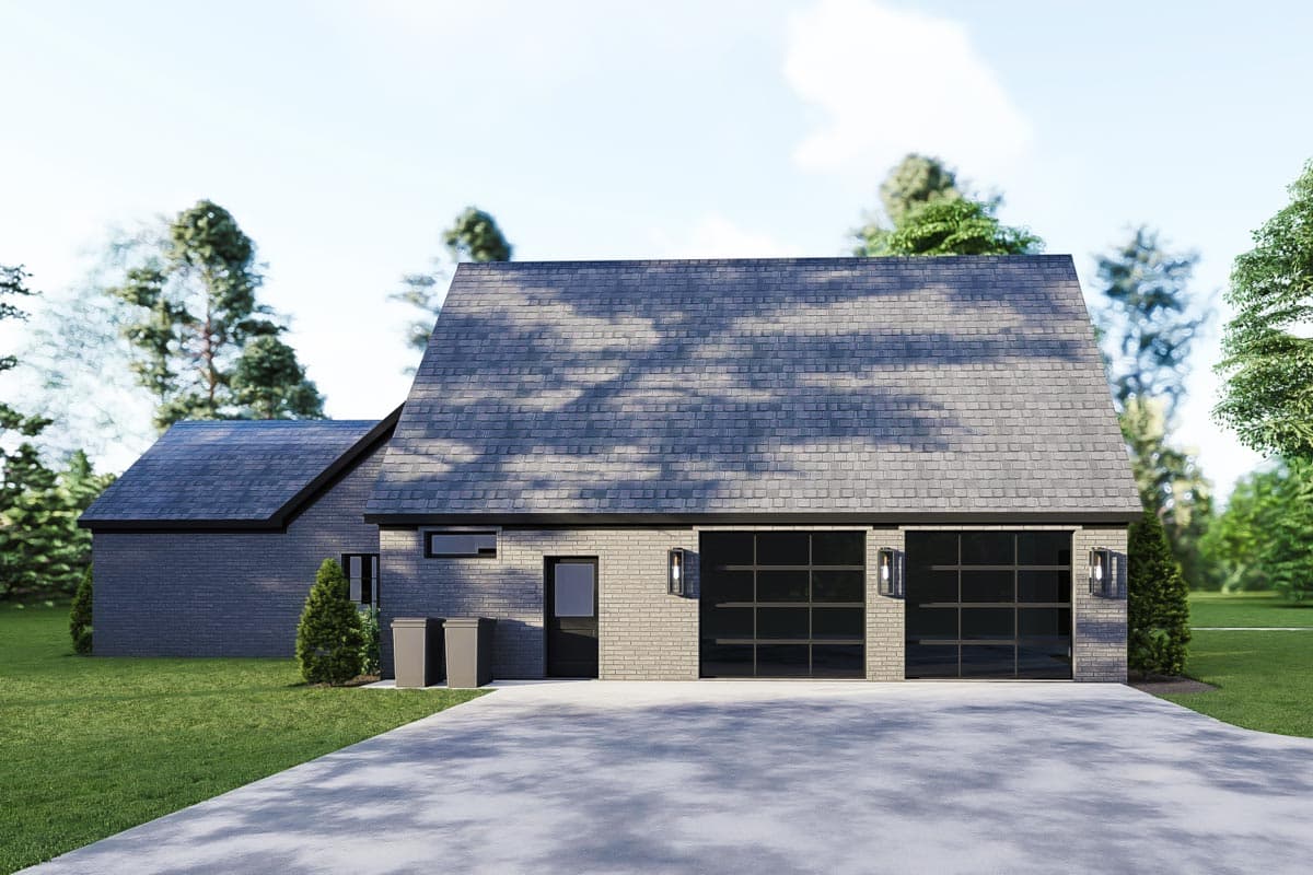 Modern house plan exterior with brick facade, two-car garage doors, and a prominent gambrel roofline.