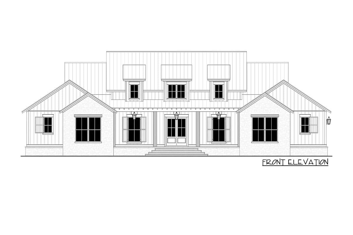 Front elevation drawing of a two-story house plan with a covered porch, gables, dormers, and brick accents.