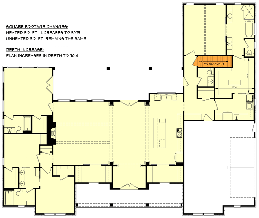 Plan 51916HZ: One-Story Modern Farmhouse Plan Under 3000 Sq Ft with 4 Bedrooms  - Floor Plan - Main Level - Basement Stair Location - Country, Farmhouse, Modern Farmhouse, New American, Ranch