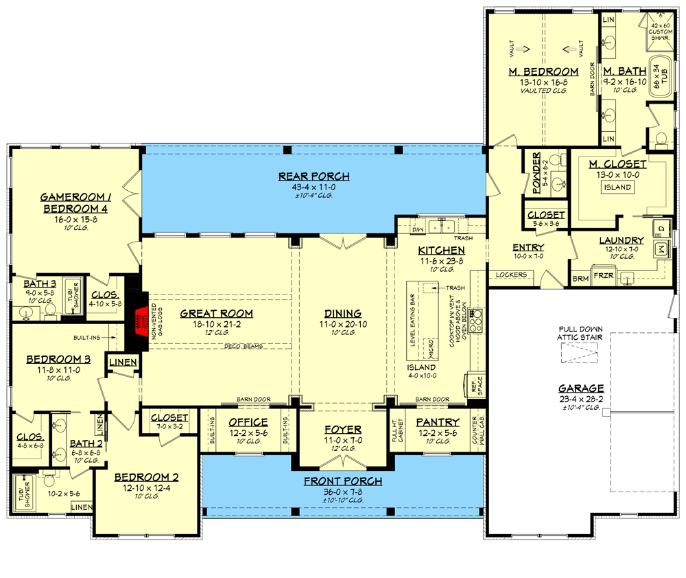 Plan 51916HZ: One-Story Modern Farmhouse Plan Under 3000 Sq Ft with 4 Bedrooms  - Floor Plan - Main Level - Country, Farmhouse, Modern Farmhouse, New American, Ranch