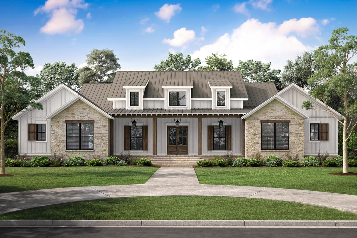 House plan exterior featuring a Modern Farmhouse style with a metal roof, dormers, and a covered porch. Stone and vertical siding details.