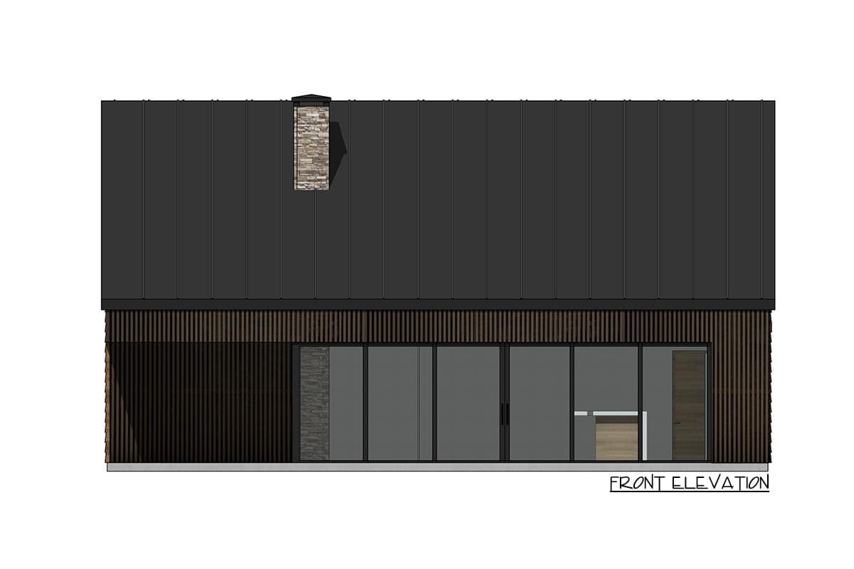 Front elevation drawing of a two-story house with a standing seam metal roof, stone chimney, and vertical wood siding.