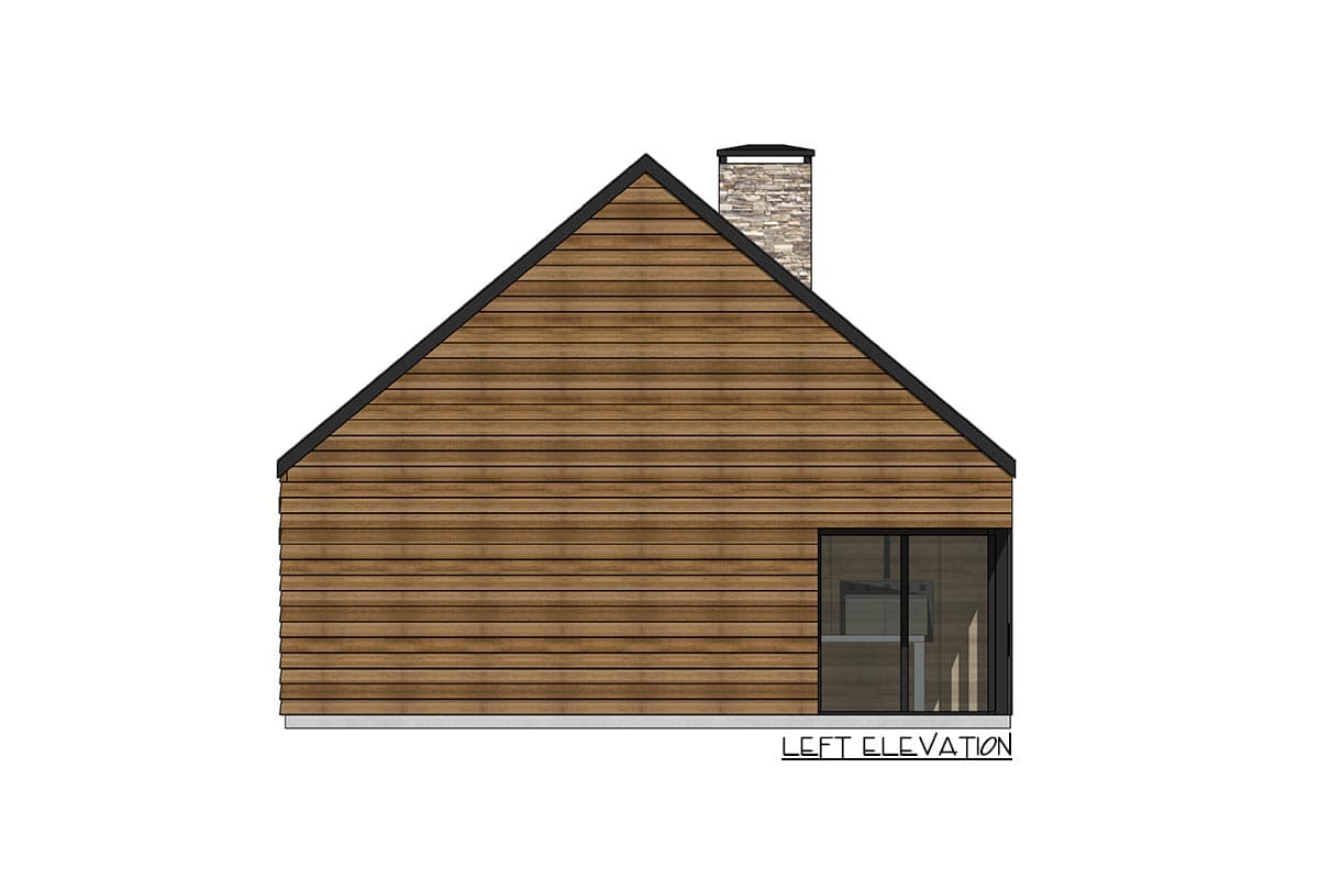 Left elevation of house plan showing horizontal wood siding, gable roof, stone chimney, and sliding glass door.