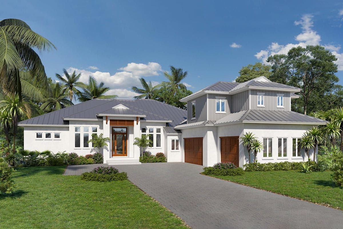 House plan exterior. Two-story Modern house with a hipped roof, dormers, and a two-car garage. Features include a covered entry and a long driveway.