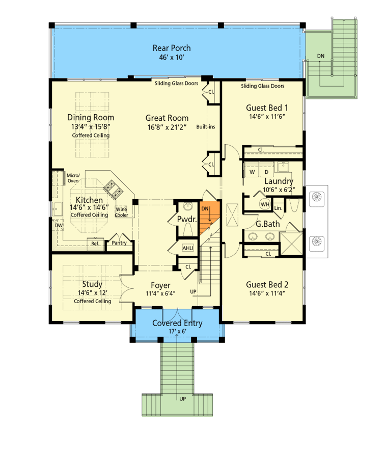 Plan 33244ZR: Island-Style Coastal Contemporary House Plan with Upstairs Master Suite - 2584 Sq Ft - Floor Plan - Main Level - Beach, Coastal, Coastal Contemporary, Contemporary, Low Country