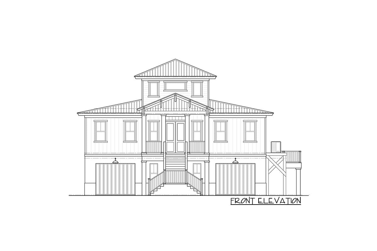 Front elevation drawing of a multi-story house plan with two garages, a central covered entryway, and prominent gables.