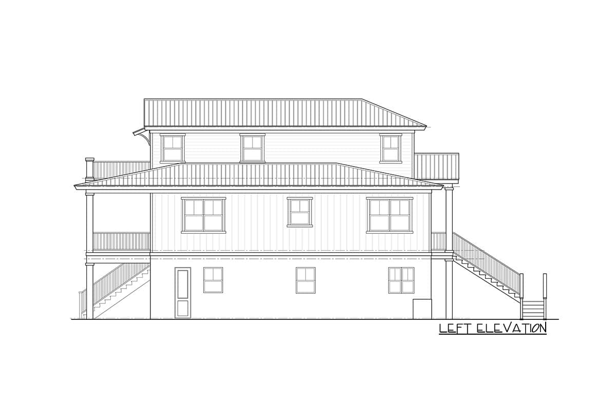 Left elevation drawing of a three-story house plan with a wrap-around porch, multiple gables, and a metal roof.