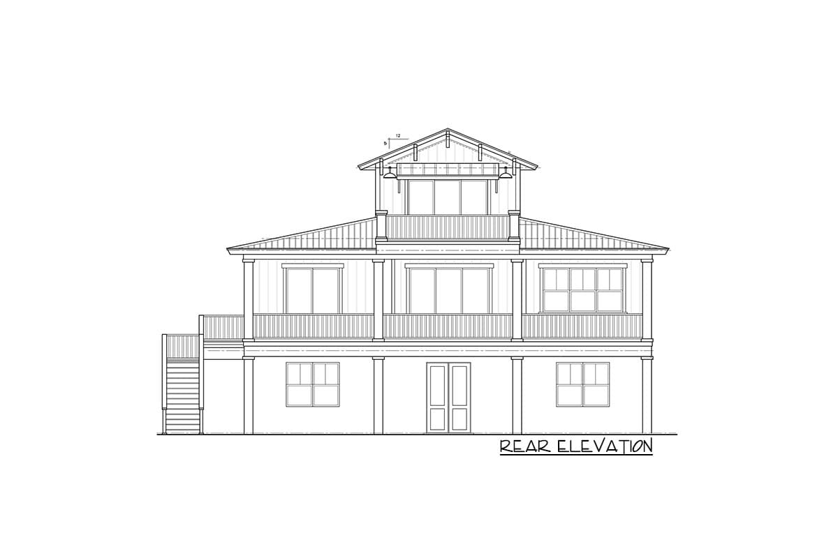 Rear elevation drawing of a house with multiple levels, balconies, and a gable roof with dormer.