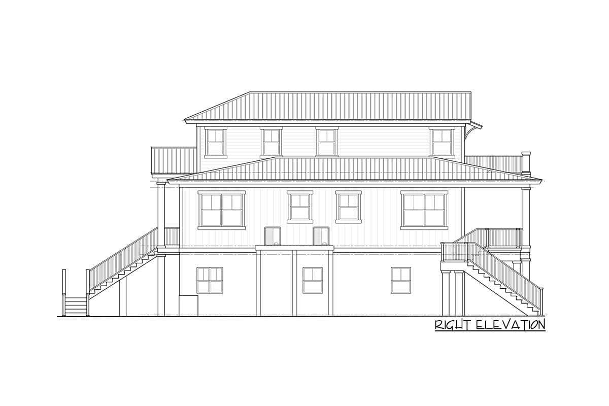 House plan right elevation drawing showing multiple stories, balconies, and exterior staircases.