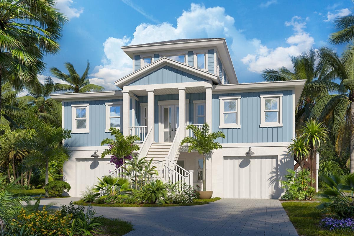 House plan exterior. Two-story coastal style home with columns, a covered porch, and a gable roof. Features a two-car garage.