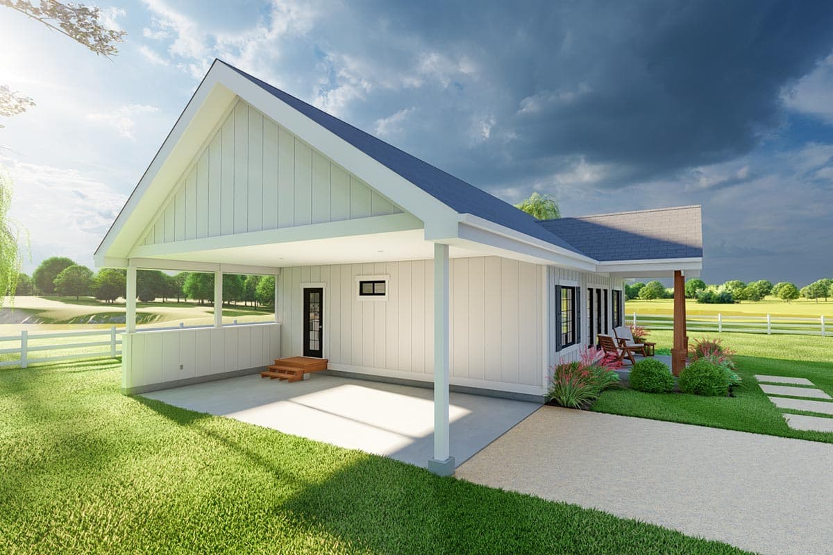 Modern Farmhouse house plan exterior with a covered carport, gable roof, and board and batten siding.